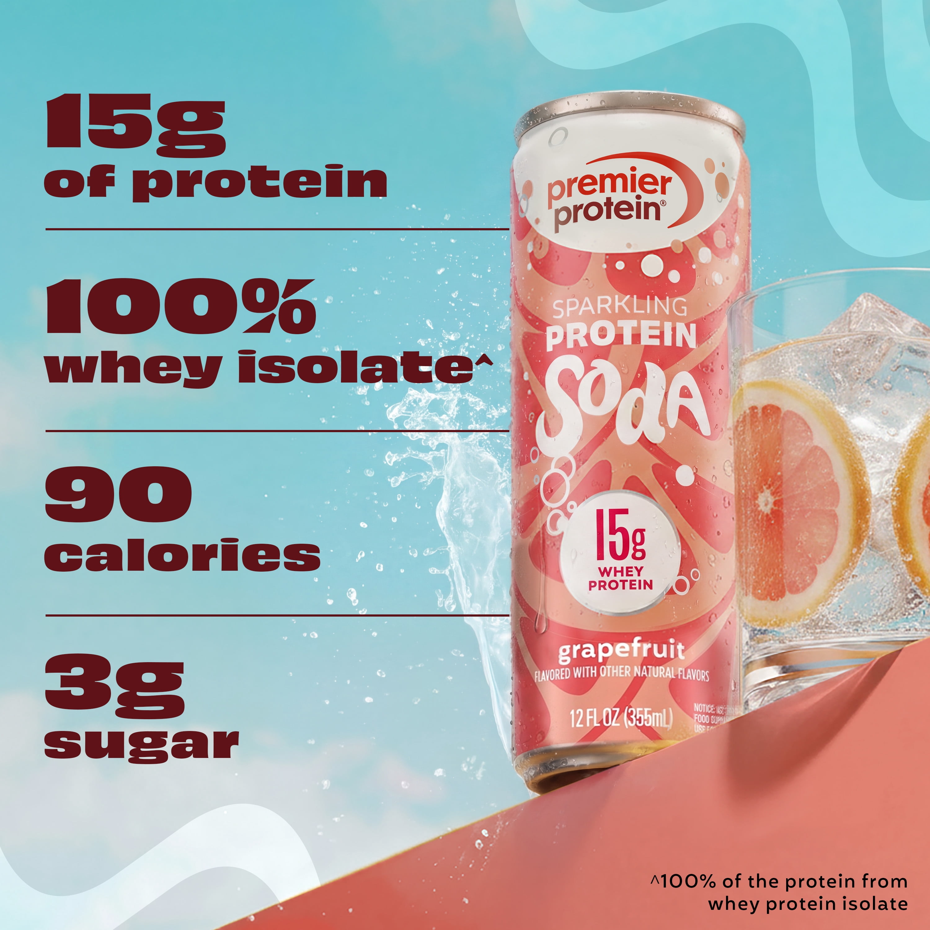 Premier Protein, Sparkling Protein Soda, 15g Protein, Grapefruit, 12 Fl Oz, 4 Ct