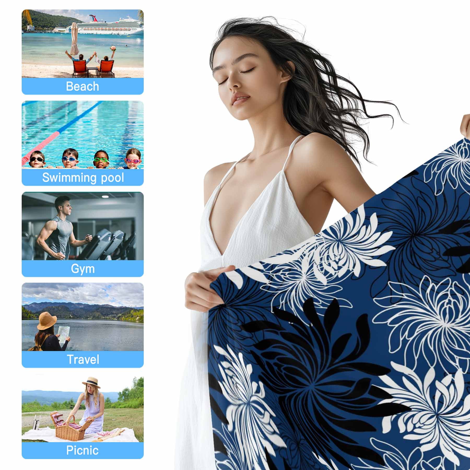 Beach Towel Chrysanthemum Bath Pool Towels Vintage Navy Blue Black Floral Absorbent Beach Towel Soft Large Quick Dry Lightweight Camping Travel Sports Yoga Gym Swim Towels for Adult 35x70 Inch