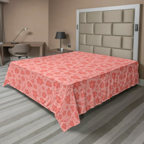 Ambesonne Floral Flat Sheet, Romantic Simplistic Flowers, California King, Blush and Coral