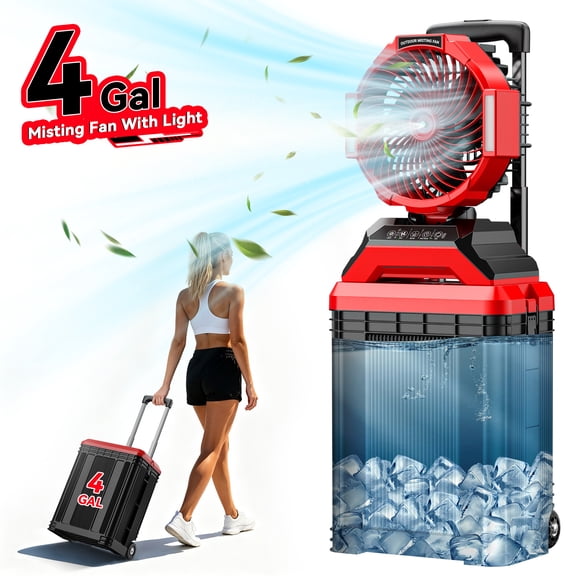 15L Portable Misting Fan with Wheels, 30000mAh Rechargeable Battery Operated Outdoor Fan, 4 Speeds & 4 Mist Modes, 90° Auto-Oscillation, for Patio, Camping, Jobsite, BBQ
