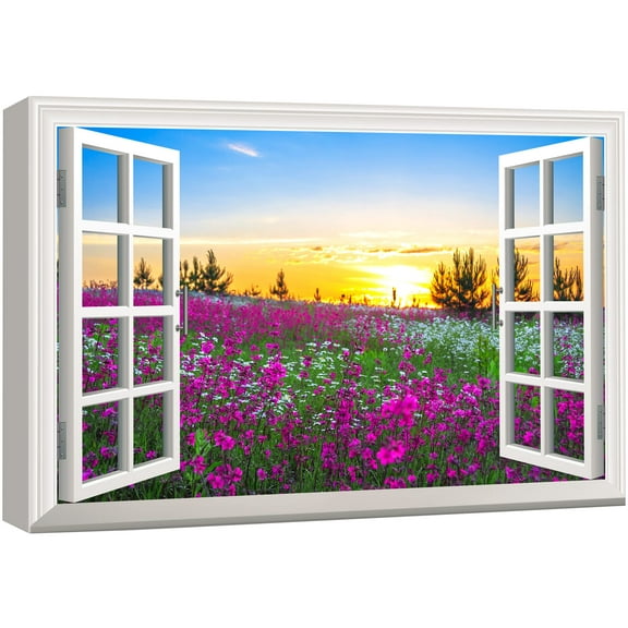 wall26 Canvas Print Wall Art Window View to Sunset Over Pink Flower Field Nature Wilderness Photography Realism Rustic Landscape Colorful Multicolor Ultra for Living Room, Bedroom, Office - 24"x
