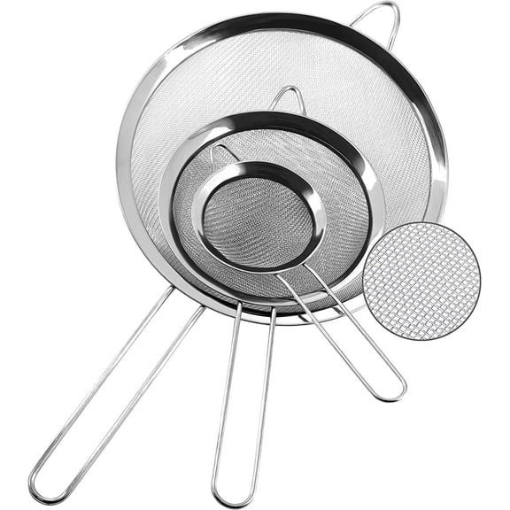 3 Pack Fine Mesh Strainers,Stainless Steel Sieves with Handles,Wire Strainers for Kitchen,Multipurpose Metal Fine Sieve,Perfect for Food,Rice,Quinoa,3.15",5.5",7.87"