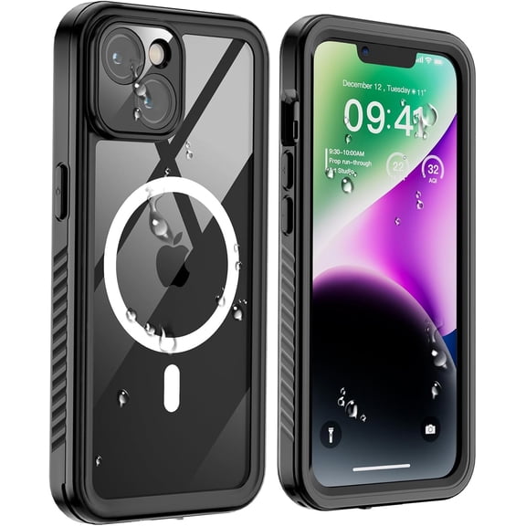 Magnetic for iPhone 14 Waterproof Case,[Built-in Screen Protector][IP68 Underwater][15FT Military Dropproof][Compatible with MagSafe] Full Body Heavy Duty Shockproof Phone Case-Black/Clear