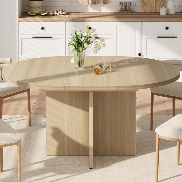 IdealHouse 43.3–59 Inch Extendable Round Kitchen & Dining Table for 4–8, Removable Leaves, Space Saving Oval Dinner Table for Dining Room Living Room, Natural