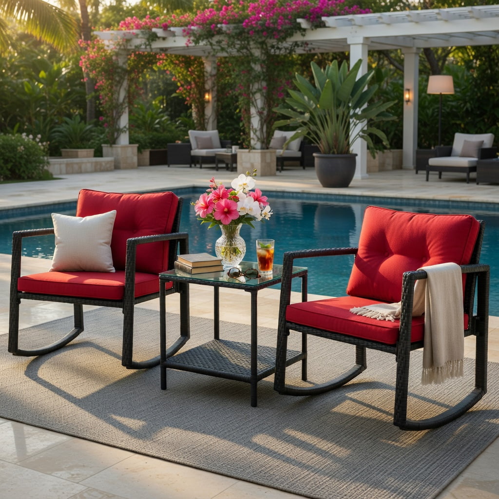 Hommoo 3-Piece Outdoor Wicker Rocking Bistro Set with Tempered Glass Coffee Table & Storage Shelf, Red