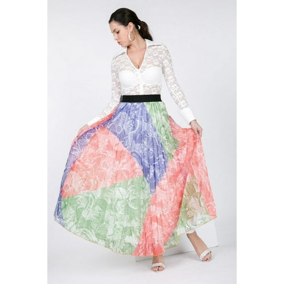 Color Block Pleated Maxi Skirt