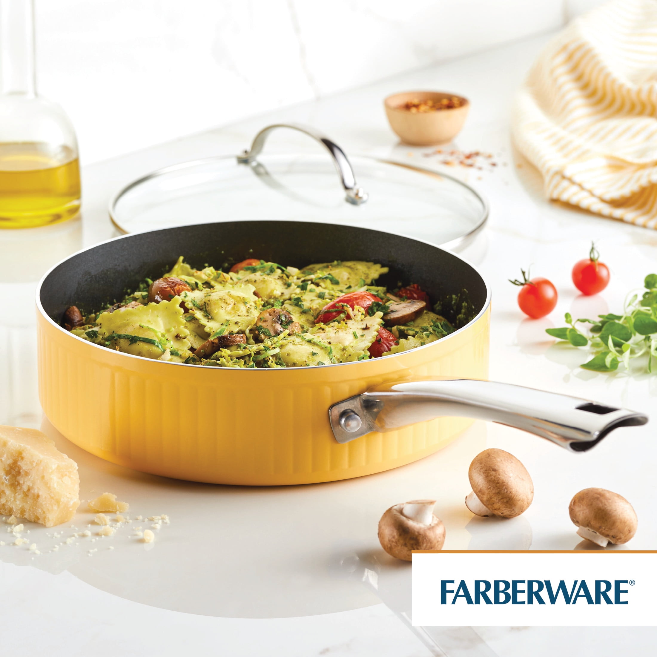 Farberware Style 3 qt Nonstick Saute Pan with Tempered Glass Lid, Dishwasher Safe, Oven Safe to 500°F, Yellow