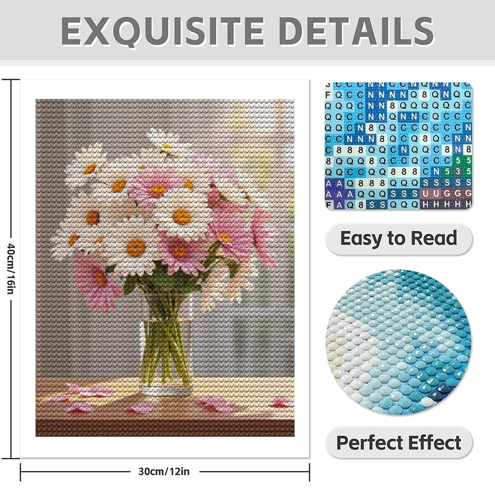 Diamond Art Kit for Adults, Pink White Daisies Glass Vase Blooms Diamond Painting for Adults Beginners, DIY Diamond Art Painting Kits, 5D Diamond Painting Crafts for Home Decor 12x16 Frameless