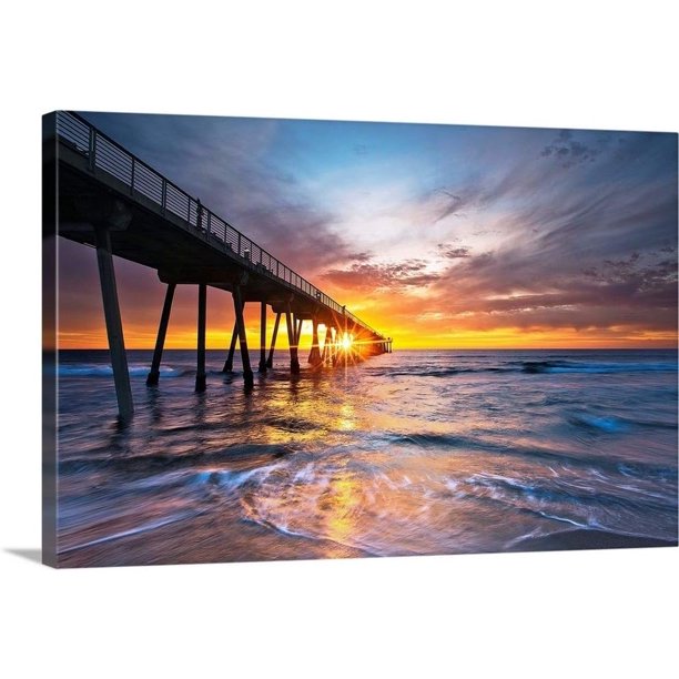 Cuadro lienzo fotografía muelle de concreto sobre el mar con puesta de sol vibrante, obra costera horizontal en tela canvas