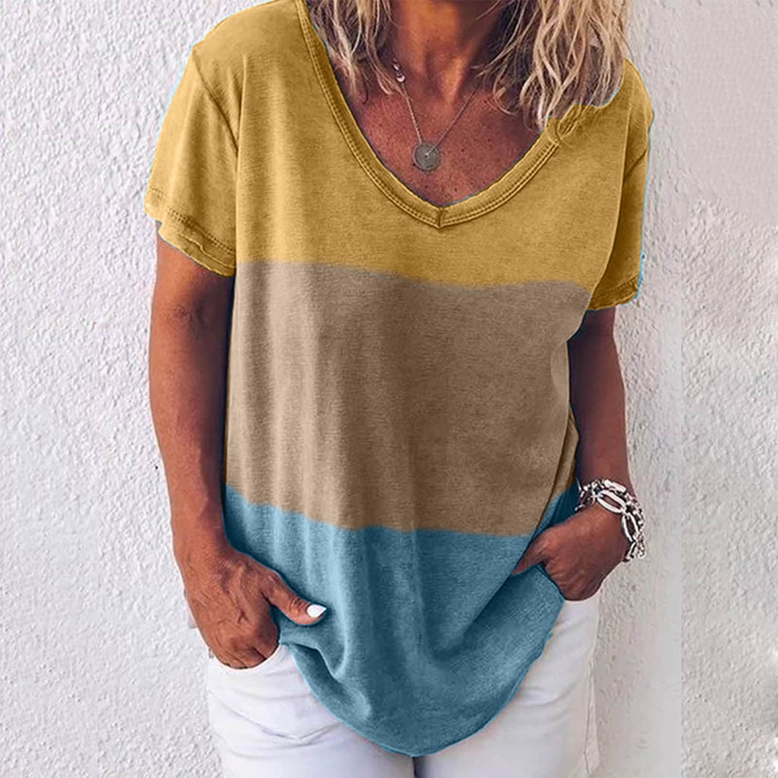 Leylayray Women's Casual V Neck Short Sleeve Soild Basic Crop Top T-Shirt  Yellow XXL(Buy 2 Get 1 Free)