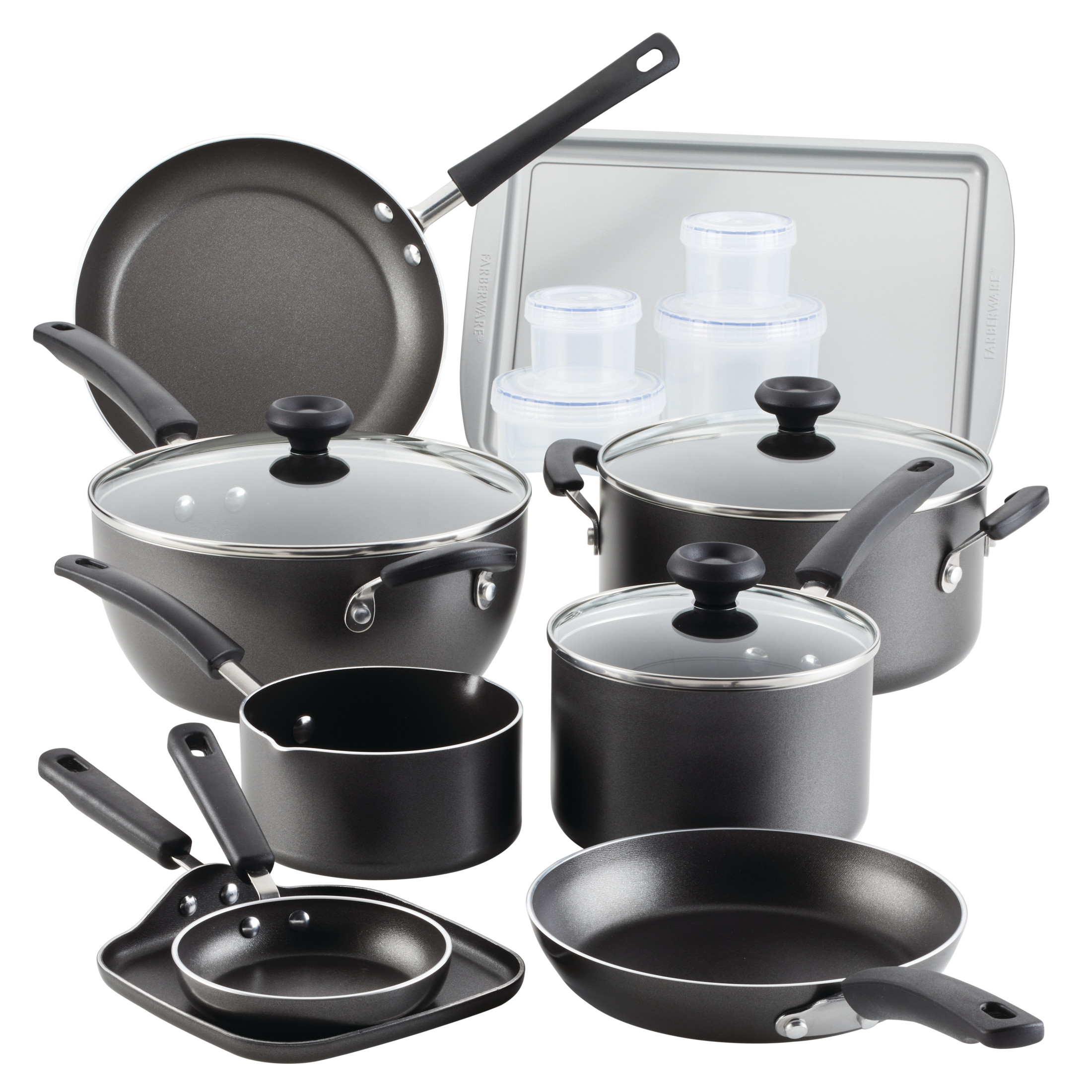Farberware Easy Clean 20 Pcs Nonstick Cookware Set and Glass Lids with Cooking Tools and Food Storage Containers, Dishwasher Safe, Gray