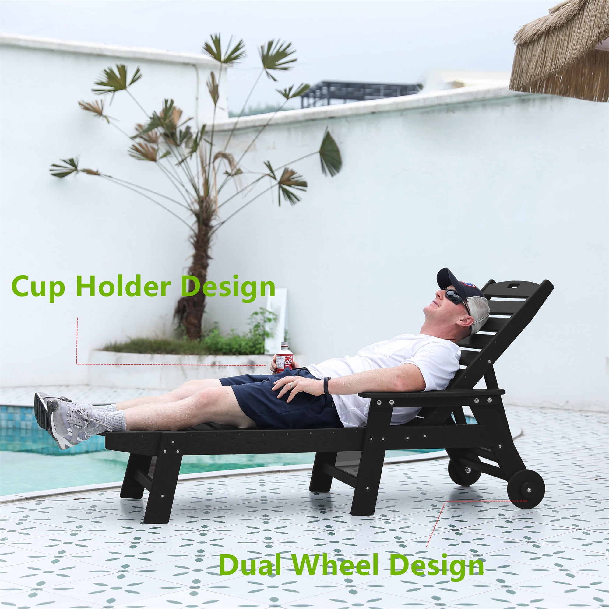 Aukfa 75" HDPE Outdoor Patio Chaise Lounge Chair with Cup Holder&Wheels, Adjustable Backrest, Black