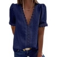 thumbnail image 2 of Camiseta de mujer Encaje Cuello en V Camisa de manga corta Blusa Top casual, Azul marino, S Vogacara  AP001454-16, 2 of 6
