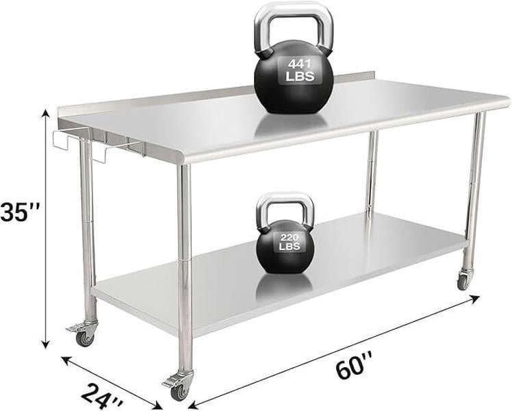 Stainless Steel Prep & Work Table with Caster Wheels, Heavy Duty Workbench with Removable Trash Rack & Backsplash