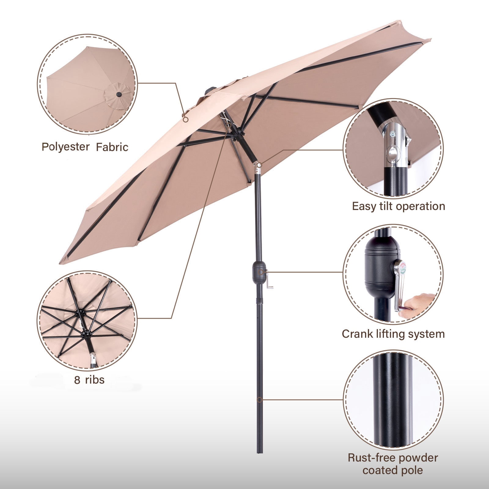 Backyard Expressions 9 ft Market Patio Umbrella, UV-Resistant Canopy with 8-Rib Support Frame and Push Button Tilt and Crank Lift, Beige