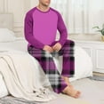 thumbnail image 4 of Mens 2 Piece Pajamas Set Comfy Loungewear Pjs Sleepwear Long Sleeve Crew Neck Top and Wide Leg Bottom Plaid Pants (L, Hot Pink A), 4 of 7