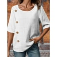 thumbnail image 6 of Women'S Round Neck Short Sleeve Cotton and Linen Button Fashion Casual Top Loose Formal Work T-Shirt White XL, 6 of 7