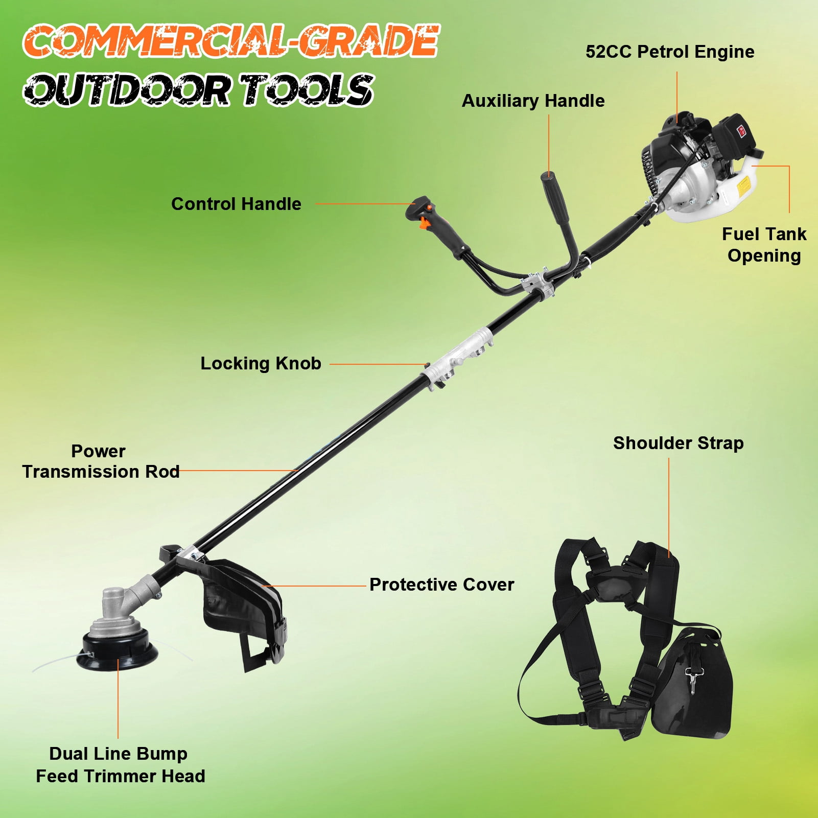 ASKMZ 52CC Gas Powered String Trimmer 2-Stroke Engine Lightweight Multi Cutting Head 70.87 Inch