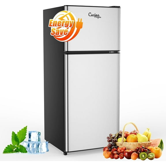 4.5 Cu Ft Mini Fridge for Bedroom, 2 Door Small Fridge, 7 Level Thermostat, LED Light, Small Refrigerator for Bedroom, Office, Dorm