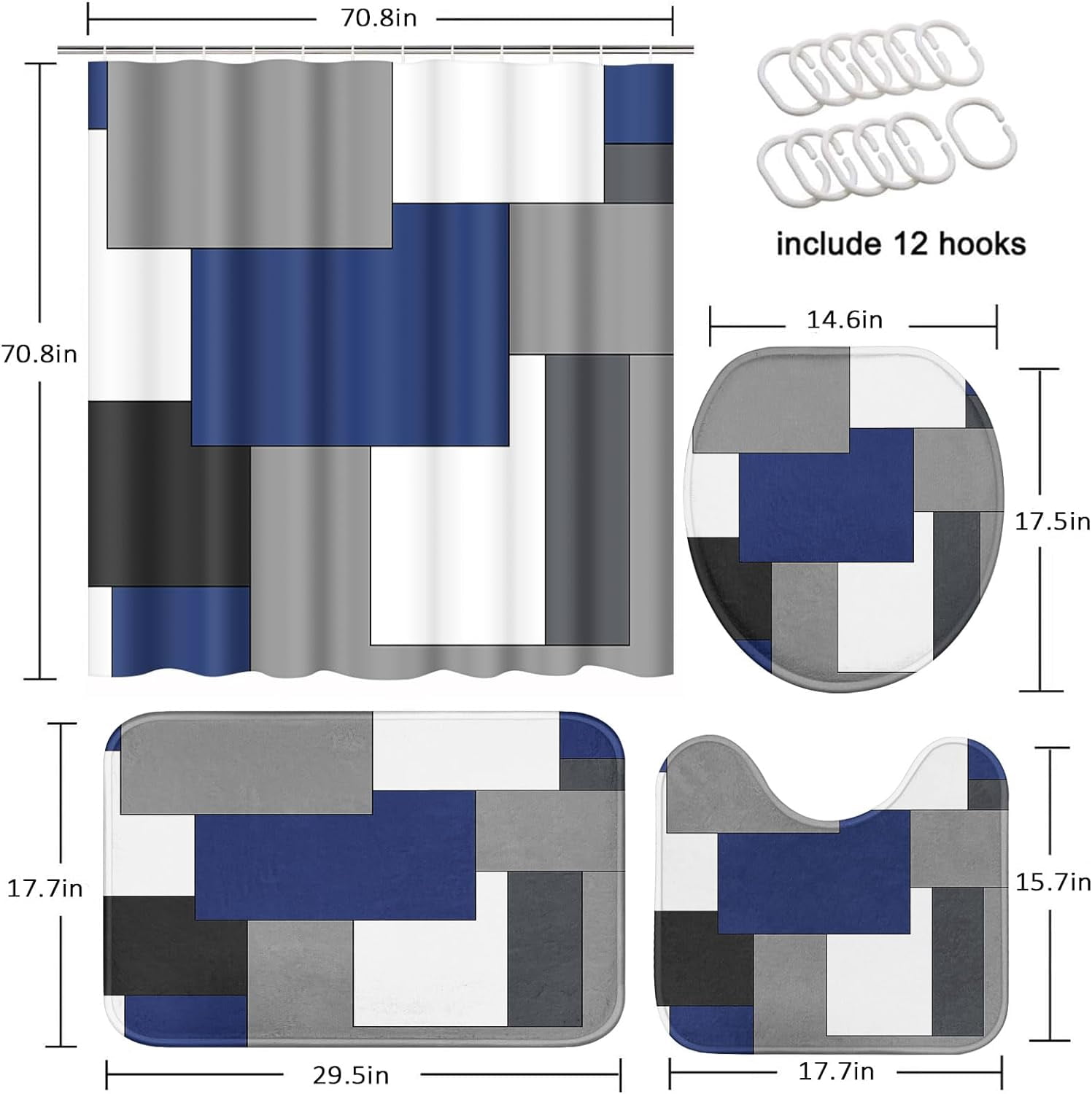 Grey Geometric Shower Curtain Set with Toilet Lid Cover and Non-Slip Rugs for Bathroom, Black White Checkered 4 Pcs Shower Curtain, Modern Abstract Bathroom Set with 12 Hooks