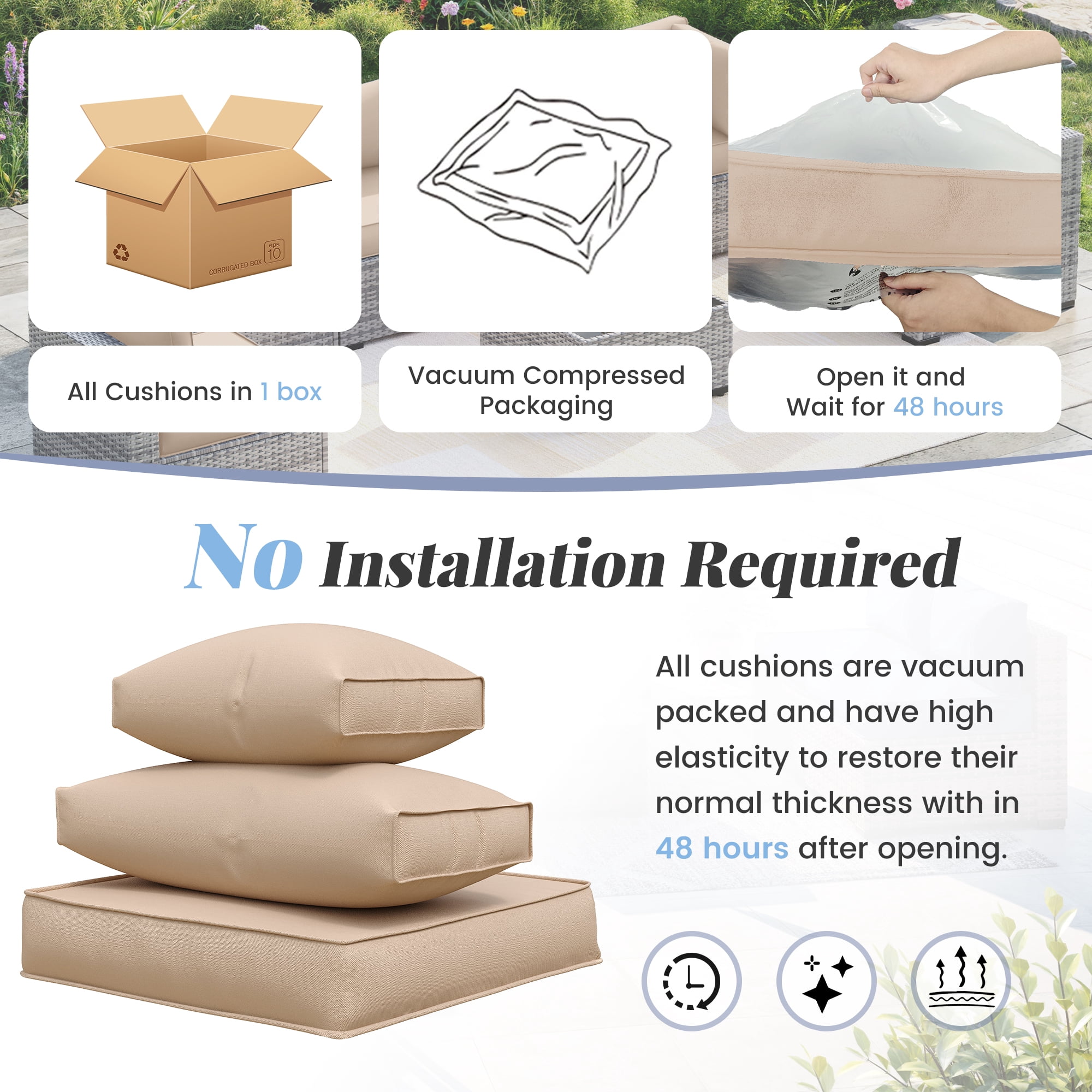 ELPOSUN 7-Piece Sectional Outdoor Cushion Set - Replacement Cushions for Patio Furniture, Waterproof & Weather-Resistant Lounge Sofa Cushions (Khaki)