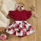 thumbnail image 4 of Vestido Para Niñas, Ropa Para Niñas Pequeñas, Moda Para Niños Pequeños, Estampado De Flores s, Volantes, Mono De Manga Corta, Falda Corta, Traje Con Lazo Rojo Odeerbi LM103-8554, 4 of 9
