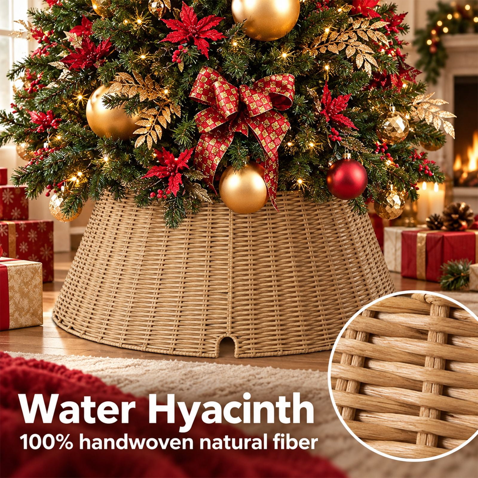 Alvantor Water Hyacinth Christmas Tree Collar, Woven Base Cover, Natural, 19.69 x 27.17 x 10.24 in