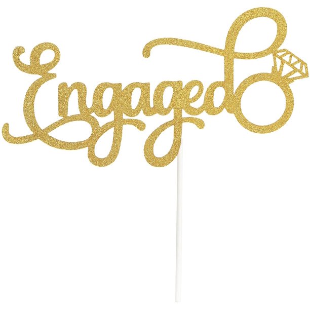 O'Creme Script Engaged With Diamond Ring Cake Topper, Gold
