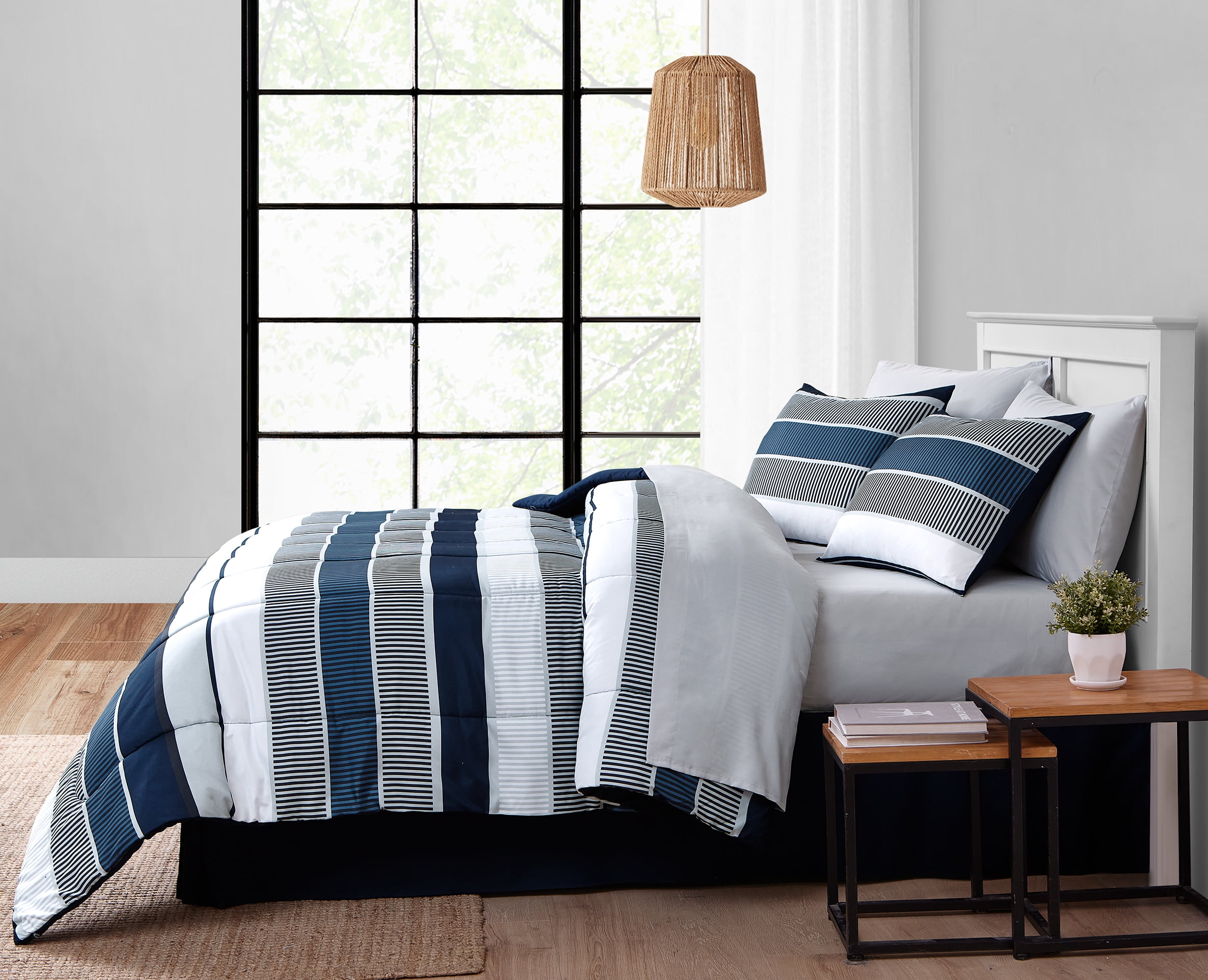 Mainstays Blue Stripe 8 Piece Bed in a Bag Comforter Set With Sheets, Queen
