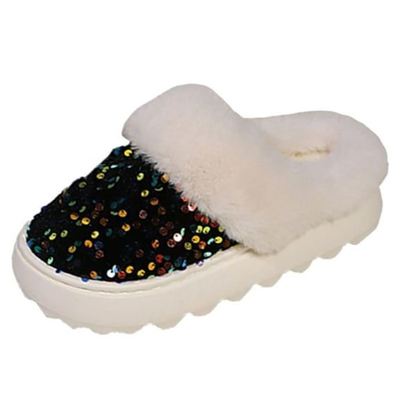 Shadoumai Sequins Slippers for Women Fuzzy Slipper Closed Toe Warm Shoes Comfy Winter House Shoes Indoor Outdoor