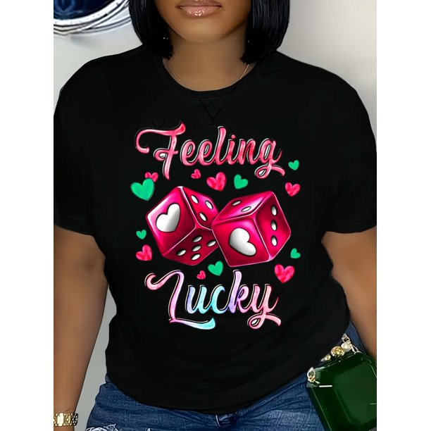 Lucky Heart Dice Print Crew Neck T-Shirt, Casual Short Sleeve T-Shirt For Spring & Summer, Women's Clothing