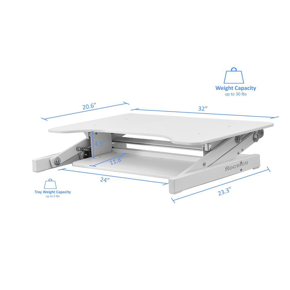 Rocelco Standing Desk Converter 32 Inch Adjustable Height Riser, White