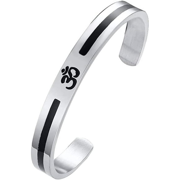 shiyou-OM AUM Bracelet Cuff, Indian Bangle Stainless Steel for Meditation Yoga, Medium, Stainless Steel, no gemstone