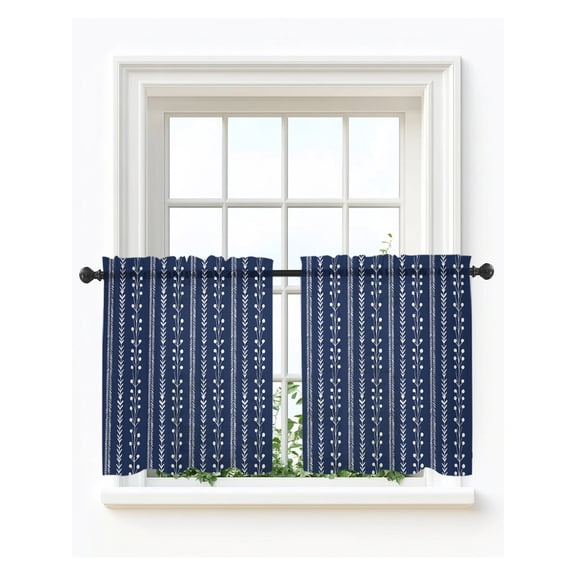 Vintage Striped Tier Curtains 36 Inch Length,Sheer Curtains for Bedroom Living Room Spring Country Floral Lines Plants Navy Blue Short Kitchen Curtains Drapes for Small Half Window 27.5"x36" 2 Panels