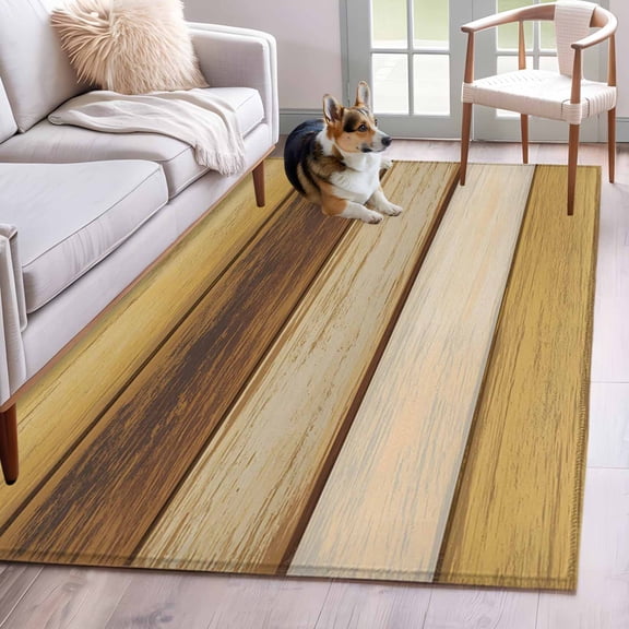 Wood Grain 2.7x5 Rug for Office Desk Chair Area Small Bedroom, Brown Yellow Beige Striped Farm Country Style Washable Non Slip Rectangle Area Rug