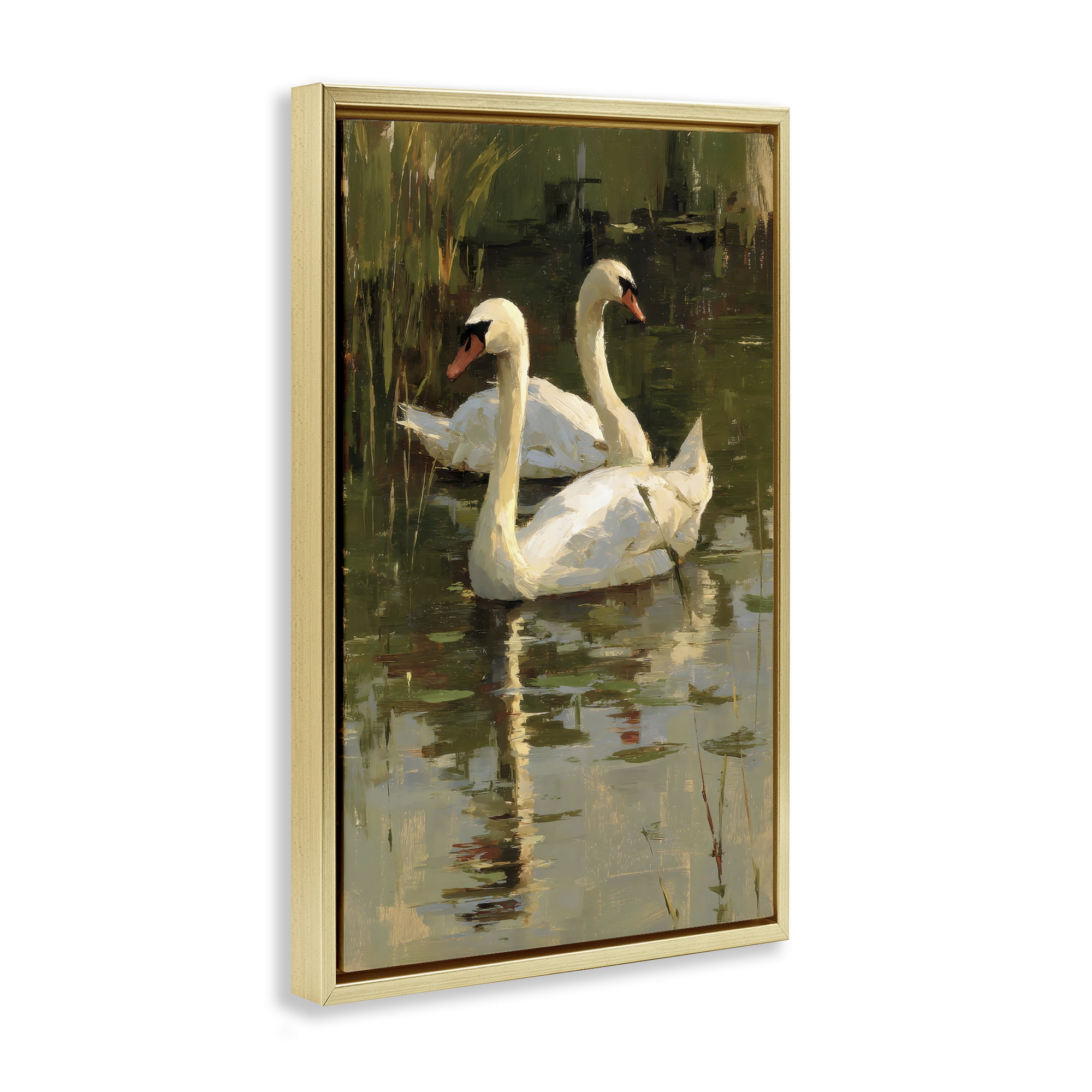 Stupell Industries Swans For A Swim Gold Framed Floater Canvas Wall Art, design by Petal Prints Design