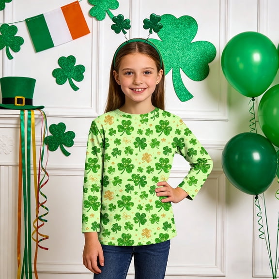 Girls St Patrick's Day Shirt 3/4 Sleeve Green Top with Shamrock Print, Multicolor Kids Holiday Tee for March 17 Festive Wear,Size 7 T