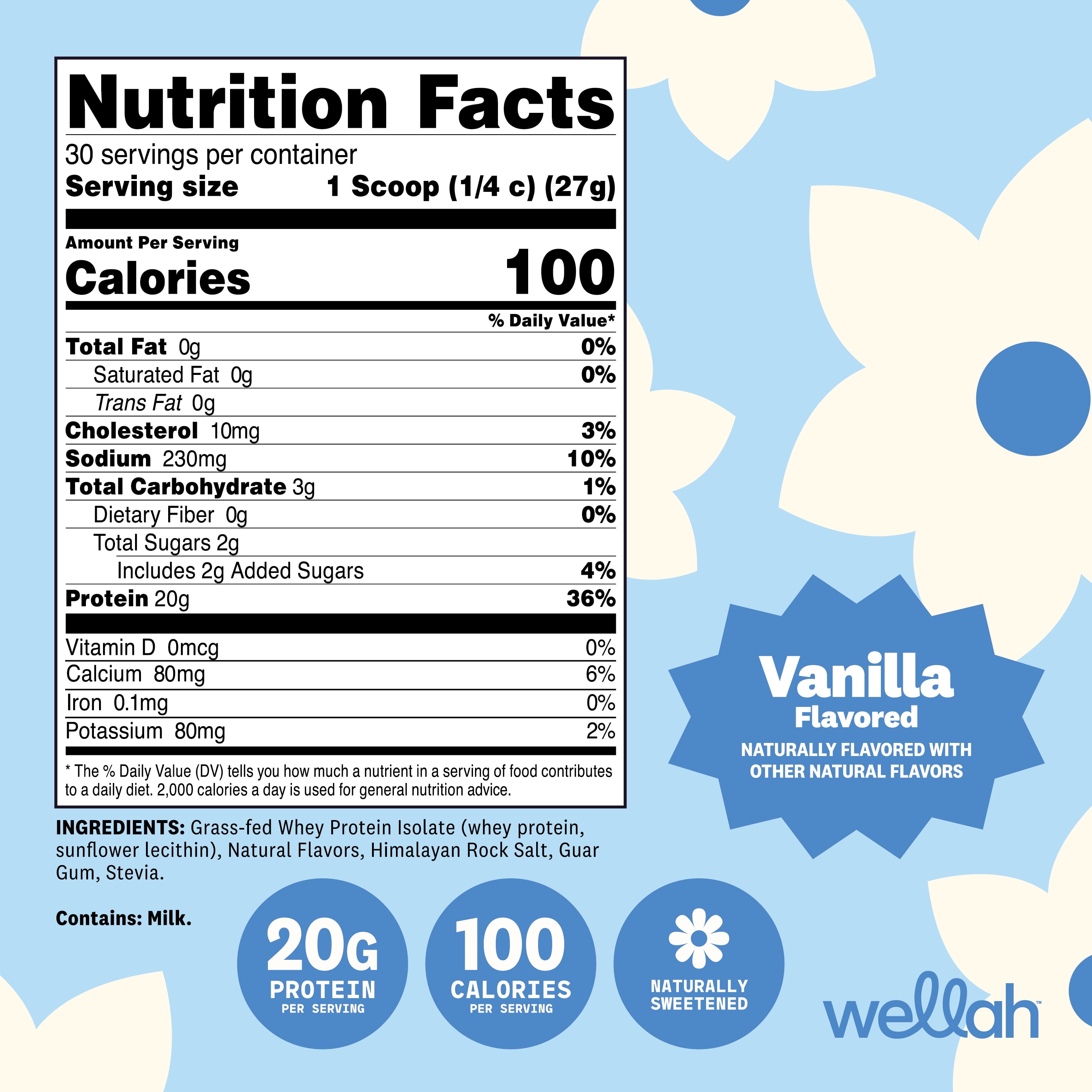Wellah Grass-Fed Whey Protein Isolate (Vanilla) 30 Servings - 20g of Protein, 100 Calories, Naturally Sweetened