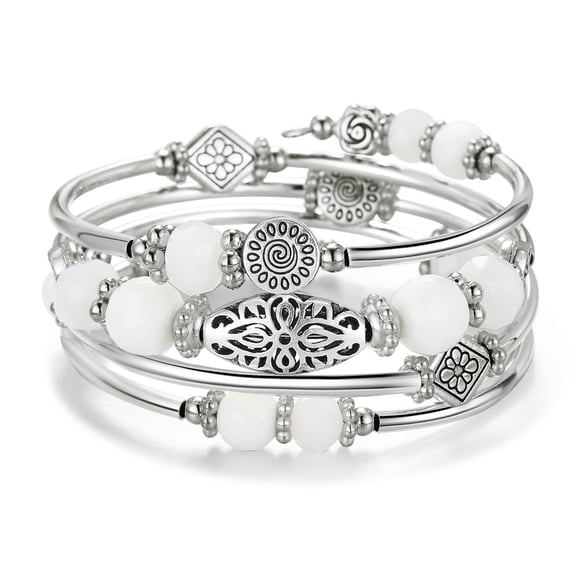 Fulu Autumn Pulseras Apilables Con Cuentas Para Mujer Boho Wrap Pulsera De Plata En Capas Joyería De Moda Regalos Para Ella (Porcelana Blanca)
