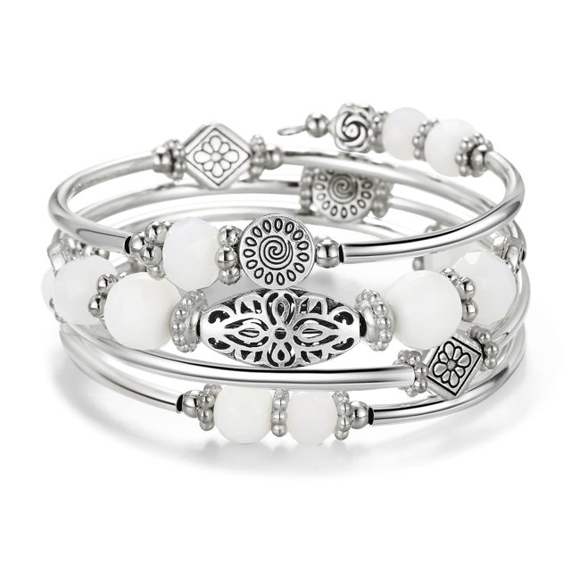 Fulu Autumn Pulseras Apilables Con Cuentas Para Mujer Boho Wrap Pulsera De Plata En Capas Joyería De Moda Regalos Para Ella (Porcelana Blanca)
