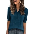 thumbnail image 2 of Womens Short Sleeve Sweater V Neck Lightweight Knit Spring Summer Tops Henley Button Blouses Blue M, 2 of 6