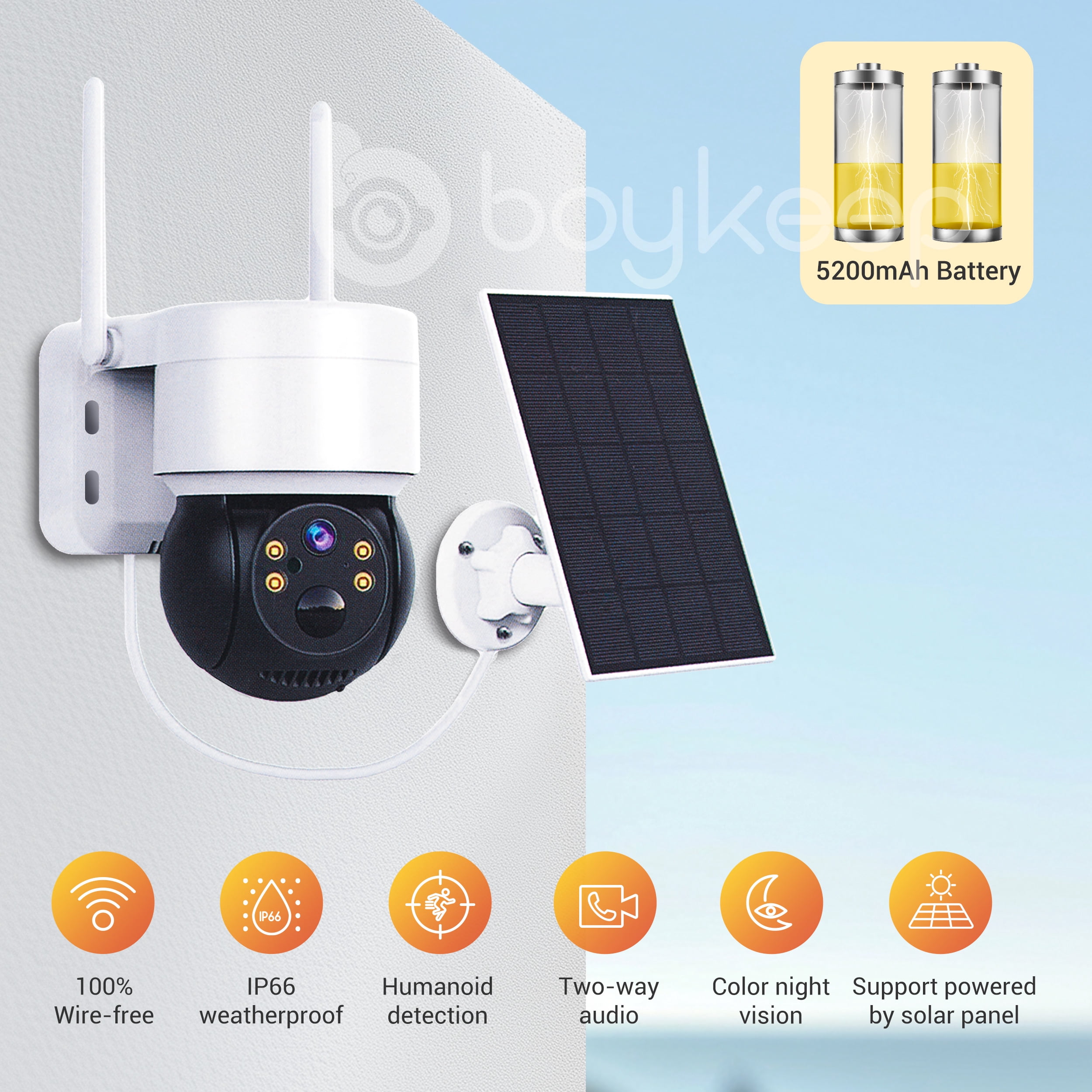 boykeep 2.4G WIFI Solar Security Camera,360° View Wireless 3MP Outdoor Camera,IP66 Waterproof PIR Detection,Rechargeable Battery Powered Home Surveillance Cam with Color Night Vision 2-Way Audio 2PCS