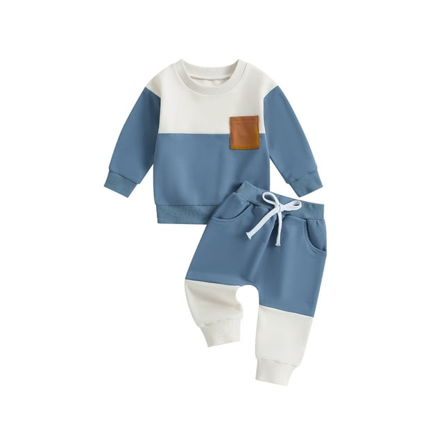 ZAXARRA Baby Boys Pants Set, Contrast Color Long Sleeve Crew Neck Sweatshirt with Elastic Waist Sweatpants Infant Clothes