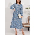 thumbnail image 2 of Round Neck Bow Detail Floral Print Dress for Women Mid-Calf Length Blue Small, 2 of 4