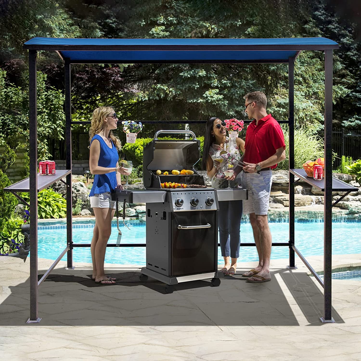 JOIVI Grill Gazebo 8FT x 4.6FT Outdoor Gazebo Patio Gazebo Canopy Grill BBQ, Blue