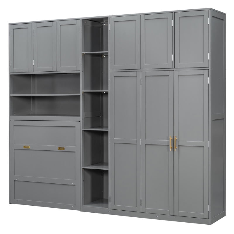 Twin Size Pull Out Murphy Bed with Wardrobe & Shelves, Storage Platform Bed Frame with LED Display Shelves & Overhead Cabinets