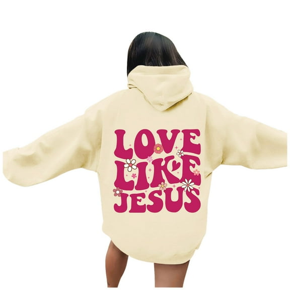 TrendOFT Christian Hoodies for Women Love Like Jesus Graphic Sweatshirt Bible Verse Religious Pullover Tops Beige L