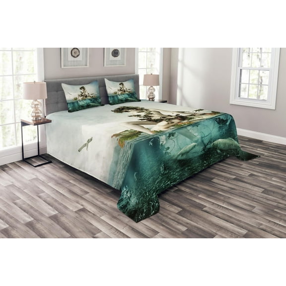 Ambesonne Dark Blue Quilted Bedspread Set 3 Pcs, Mermaid on a Shell, King Size, Blue Beige Teal