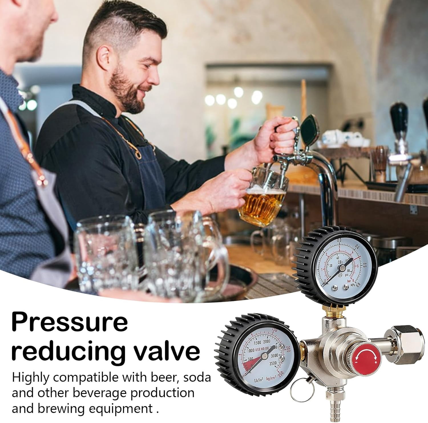 AWINQQY CO2 Regulator, Beer Tap System Regulator with 2 Gauges Adjustable CO2 Regulator W21.8 x 1/14 Inch Connection CO2 Regulator for Beer Brewing Beer Dispenser