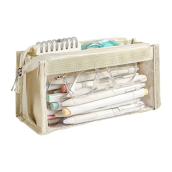 Btomtd Six-Tier Transparent Storage Pencil Pouch with Zipper Large Capacity Pencil Case and Pencil Bag, Beige
